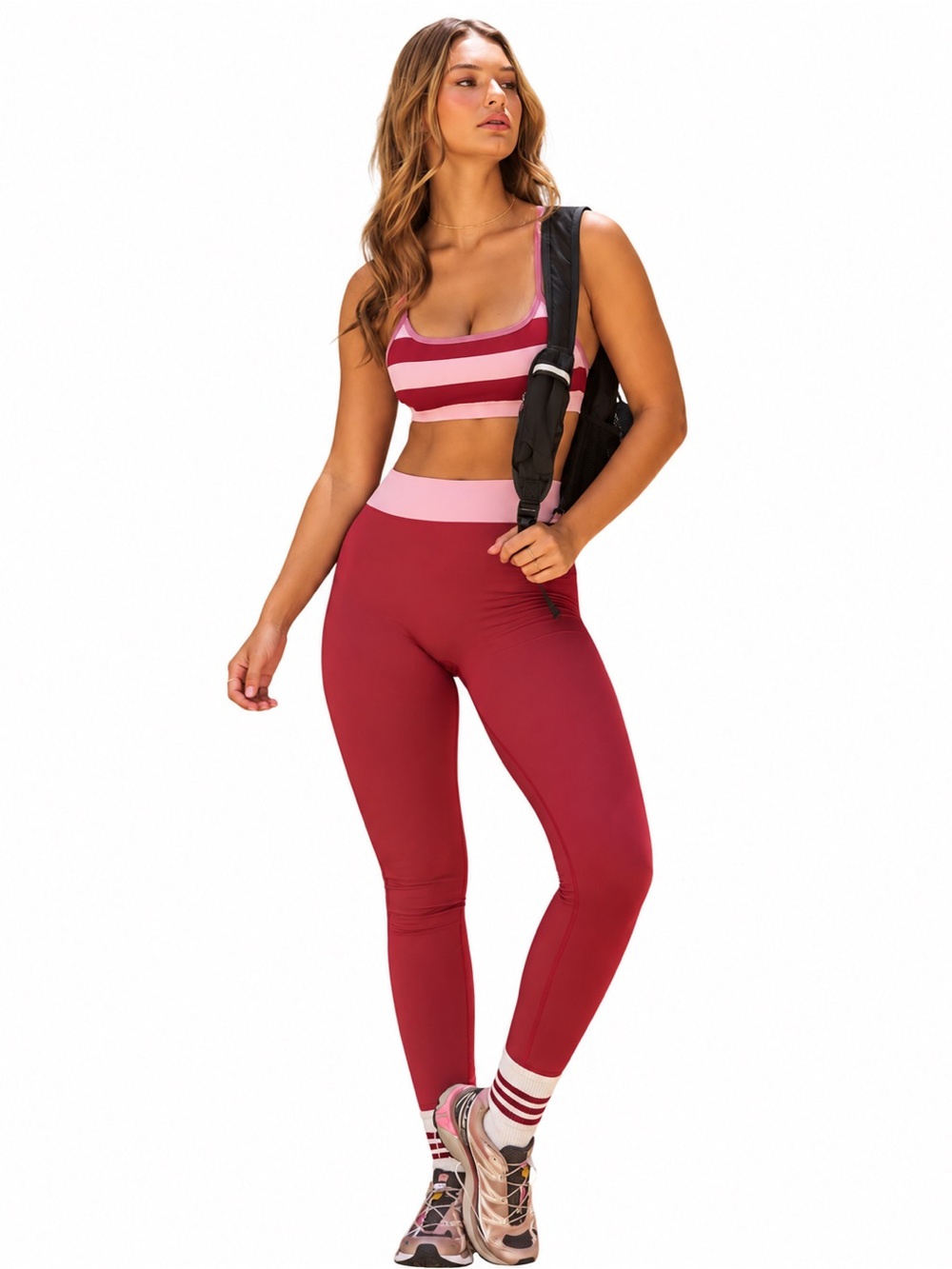 High-Waist Wine Leggings with Pink Waistband